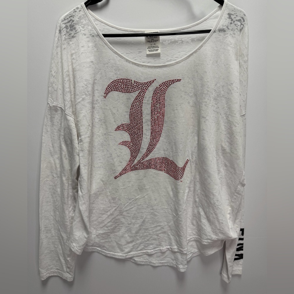 Victorias Secret Pink White Heather Long Sleeve Rhinestone Cardinals Shirt Large